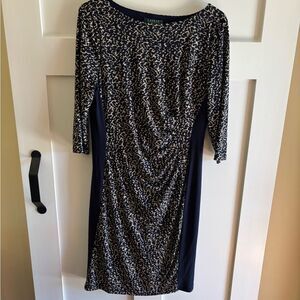 Lauren Ralph Lauren Sheath Dress Navy Blue Beige Animal Print W/ Ruching Size 14